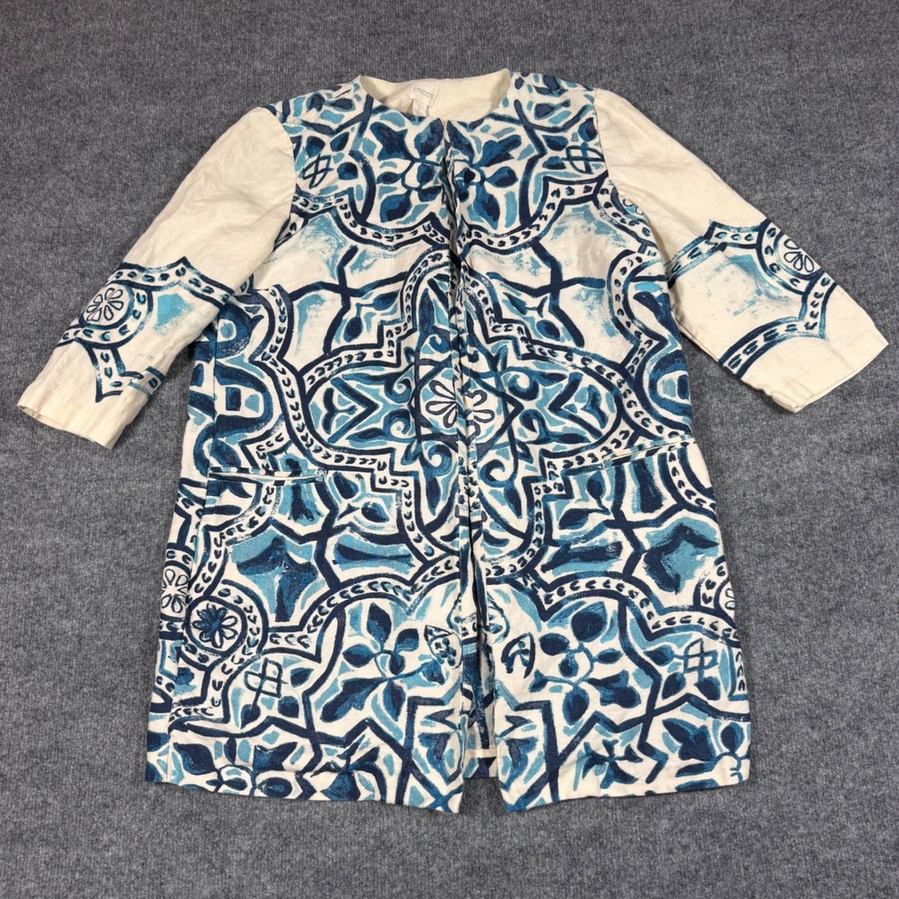 Chico's Womens 2 L Tile Print 100% Linen Longline Jacket Blue White Costal EUC